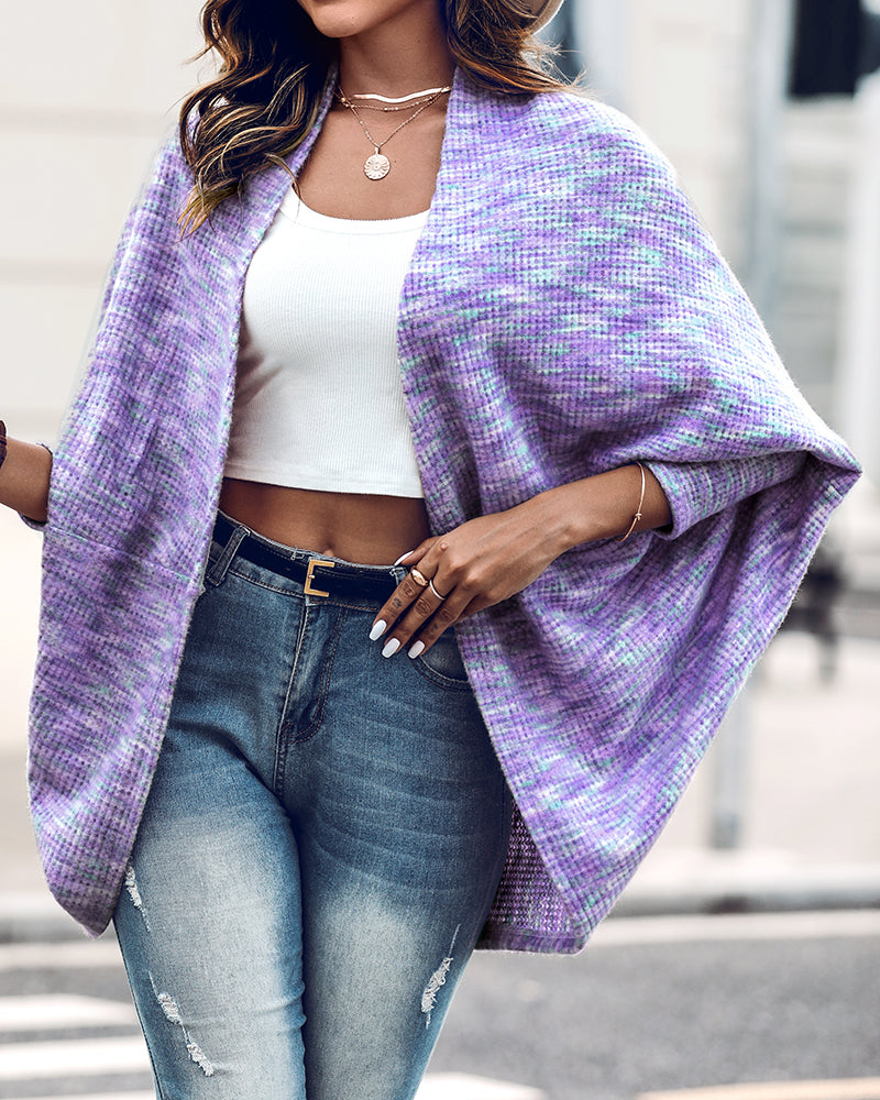 Colorful Waffle Knit Open Front Coat Batwing Long Sleeve Cardigan