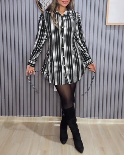 Women's Striped Shirt Dress Button Down Long Sleeve Shirred Waist Casual Dress