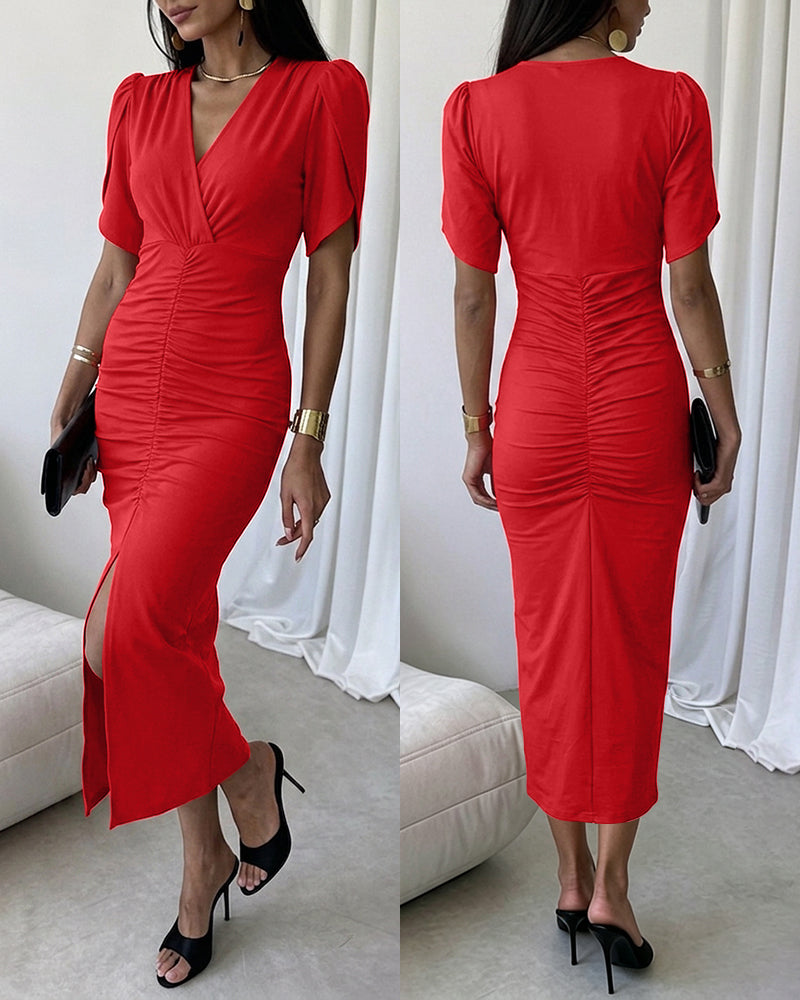 Women's Ruched V Neck Midi Dress Petal Short Sleeve Slit Party Gown Elegant Evening Dress