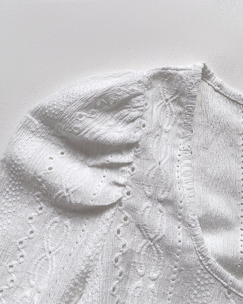 Jacquard Square Neck Puff Sleeve Eyelet Embroidery T-Shirt Long Sleeve Slim Fit Top