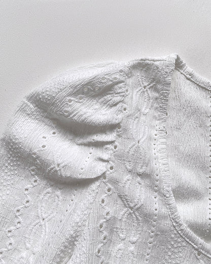 Jacquard Square Neck Puff Sleeve Eyelet Embroidery T-Shirt Long Sleeve Slim Fit Top