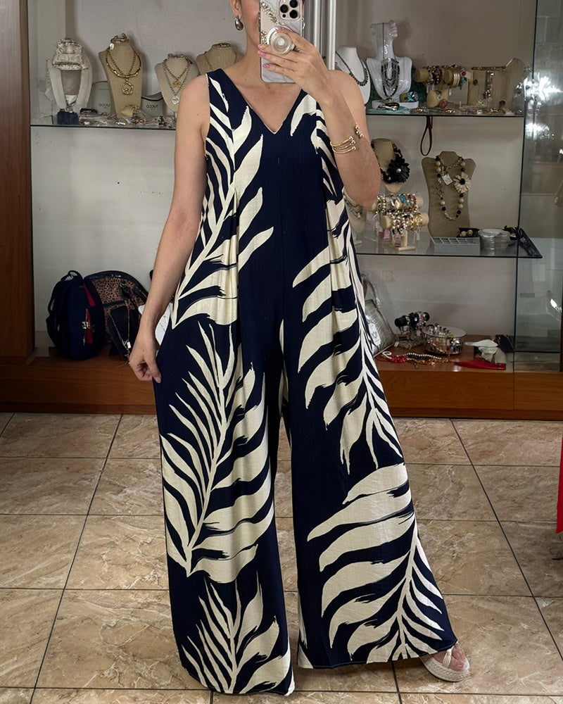 Tropical Plants Print V-Neck Sleeveless Zipper Back Overalls Casual Ruched Wide Leg Loose Fit Jumpsuit