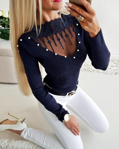 Pearls Decor Boat Neck Crochet Lace Trim Sheer Mesh Spliced Sweater Slim Fit Knit Top