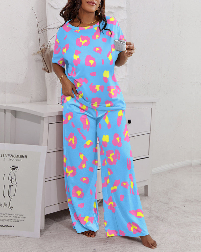 Pink Leopard Print Wide Leg Pajamas Set