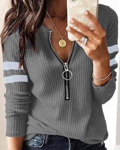 Striped Print Zipper Front Long Sleeve Top  Waffle Knit Loose Fitting Tunic Tops