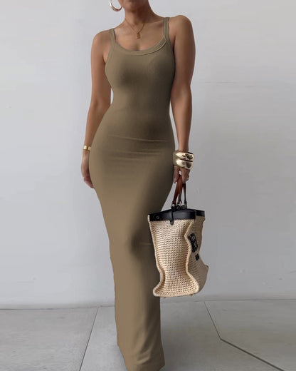 Spaghetti Strap U-Neck Casual Maxi Dress Slim Fit Cami Vacation Dress