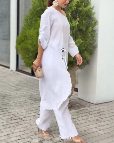 2 Pieces Outfit Button Decor One Shoulder Turn-Up Sleeves Slit Raw Edges Top and Casual Drawstring Elastic Waist Wide Leg Pants Set