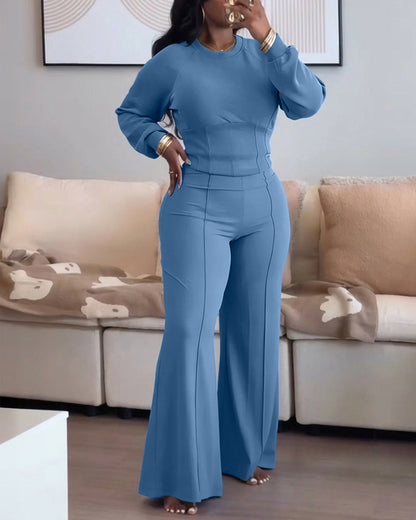 2 Pieces Outfit O-neck Long Sleeve Cinched Waist Sweatshirt and Elastic Waist Wide Leg Pants Set Casual Seam Design Sweatpants Set