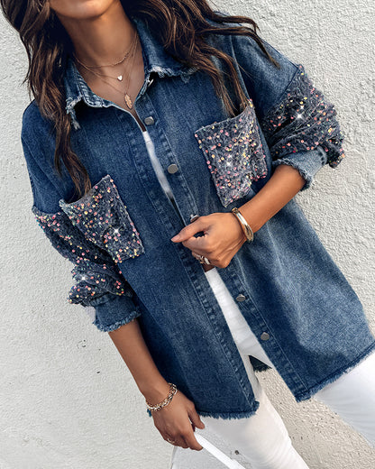 Turn-down Collar Contrast Sequin Long Sleeve Fringe Hem Denim Jacket Casual Coat