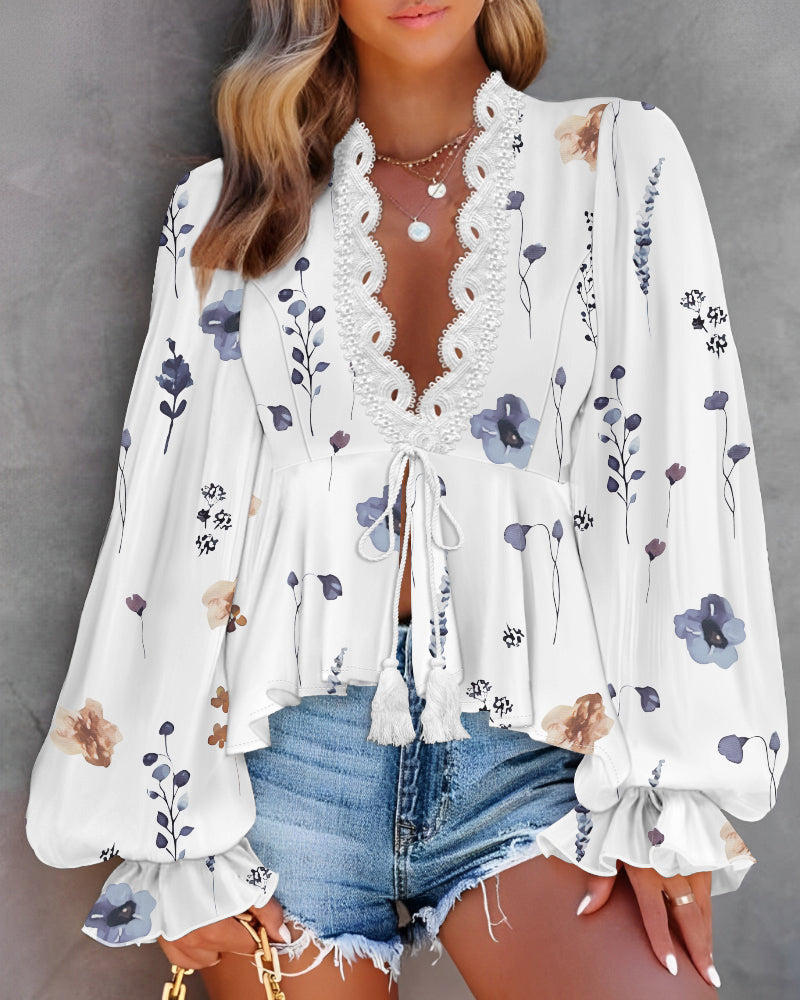 Floral Print Deep V-Neck Lantern Sleeve Casual Contrast Lace Tied Detail Blouse