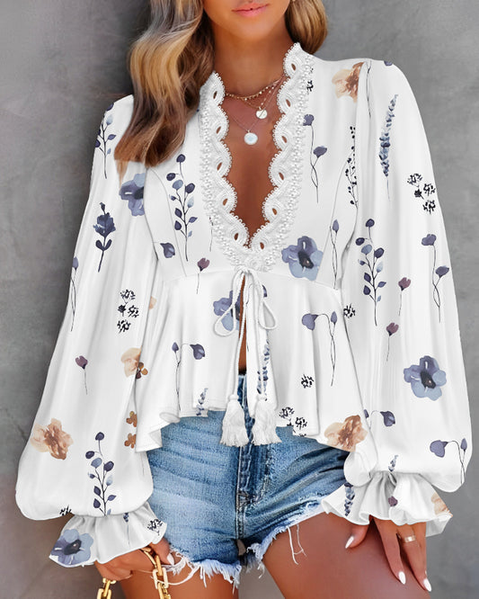 Floral Print Deep V-Neck Lantern Sleeve Casual Contrast Lace Tied Detail Blouse