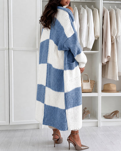 Women's Checkerboard Knit Cardigan Oversized Long Chunky Sweater Loose Lantern Sleeve Coat with Pockets