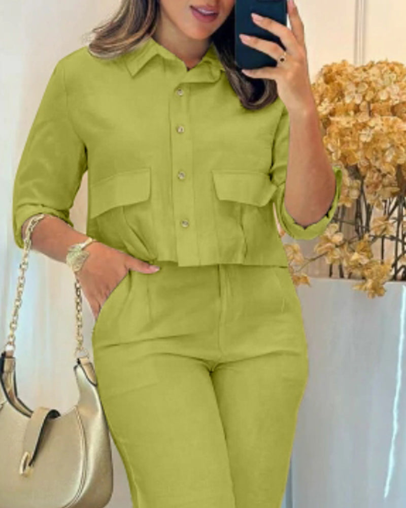2 Pieces Outfit Turn-down Collar Turn-Up Sleeves Button Front Flap Pockets Design Top and Causal Zipper Fly Elastic Back Waist Wide Leg Pants Set