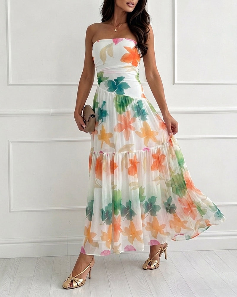 Women's Floral Strapless Maxi Dress Ruched Mesh Tube Vacation Dress Ruffle Hem A-Line Sundress with Detachable Clear Straps