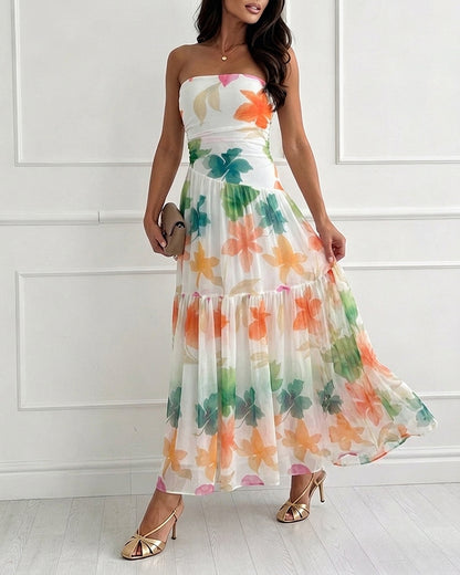 Women's Floral Strapless Maxi Dress Ruched Mesh Tube Vacation Dress Ruffle Hem A-Line Sundress with Detachable Clear Straps