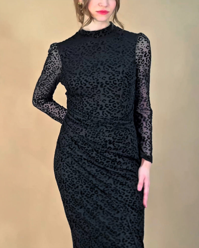 Women's Leopard Mesh Midi Dress Mock Neck Puff Long Sleeve Ruched Bodycon Dress Side Slit Sexy Party Dress