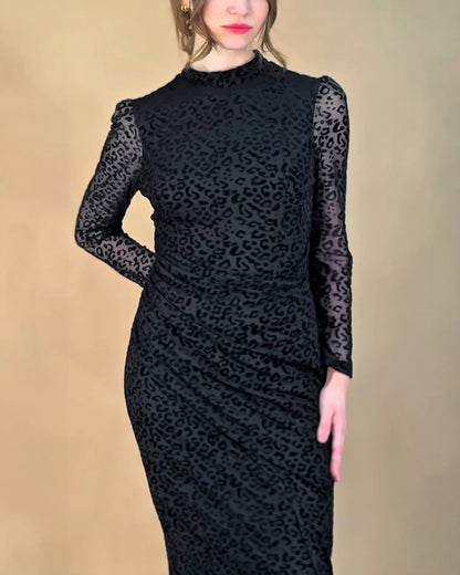Women's Leopard Mesh Midi Dress Mock Neck Puff Long Sleeve Ruched Bodycon Dress Side Slit Sexy Party Dress