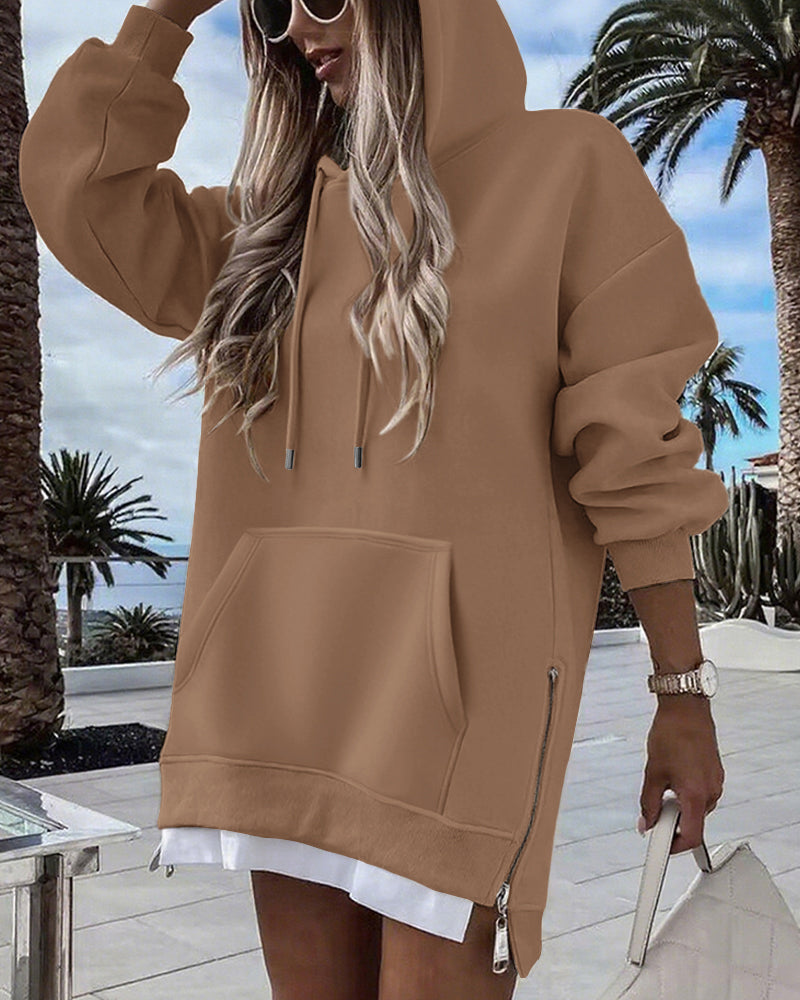Long Sleeve Pocket Design Pullover Sweatshirt Casual Faux Two Piece Longline Drawstring Hooded Top