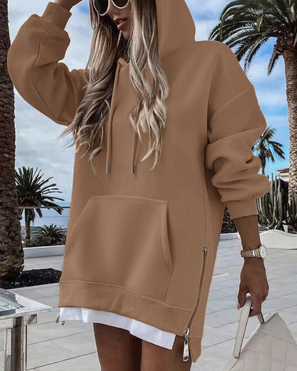 Long Sleeve Pocket Design Pullover Sweatshirt Casual Faux Two Piece Longline Drawstring Hooded Top