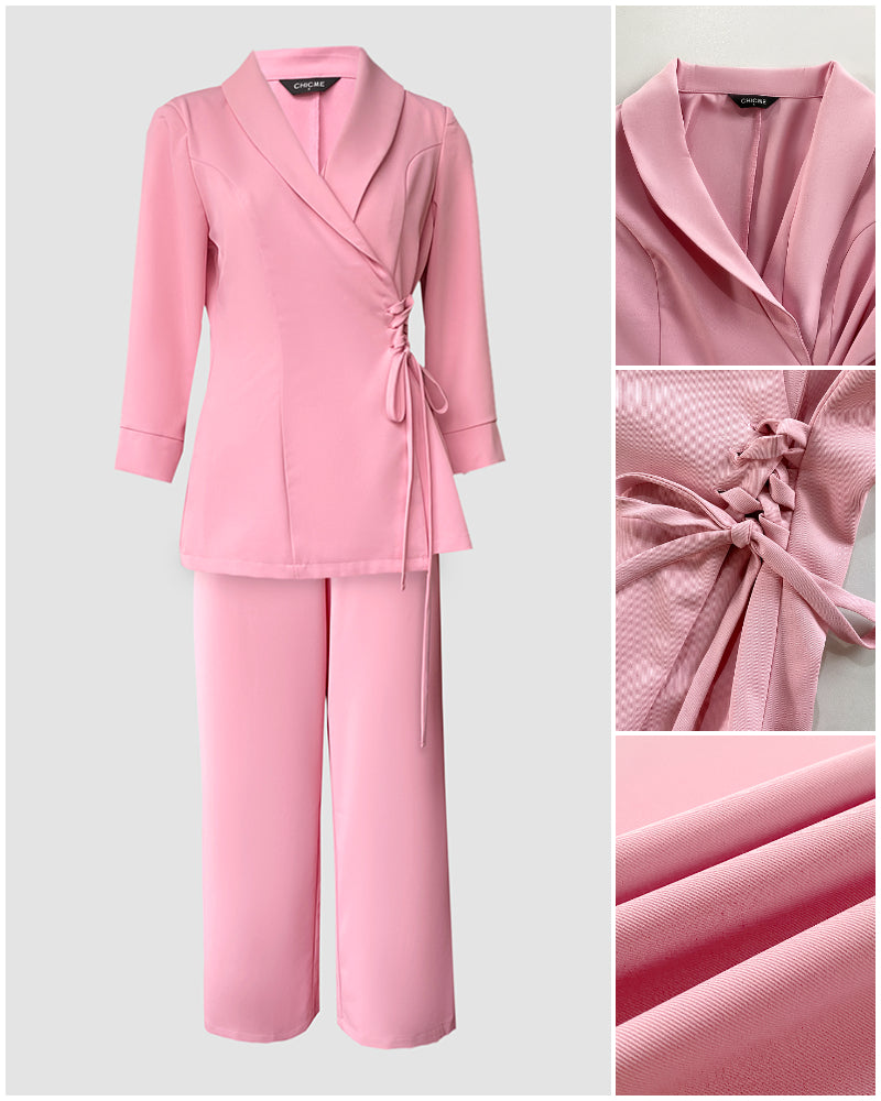 2 Pieces Outfit Overlap Shawl Collar Lace-up Side Cinched Waist Coat and Elastic Back Waist Wide Leg Pants Set Casual Blazer Set