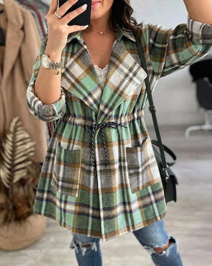 Women's Plaid Drawstring Waist Lapel Mid Length Coat Casual Roll Up Sleeve Jacket