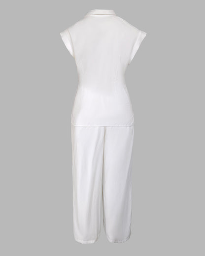 2 Pieces Outfit Turn-down Collar Cap Sleeve Button Front Tied Detail Top and Casual Zipper Fly Elastic Back Waist Wide-Leg Pants Set