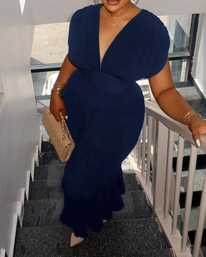 Textured V Neck Sleeveless Ruched Ruffles Hem Dress Casual Waist A Line Party Midi Dress