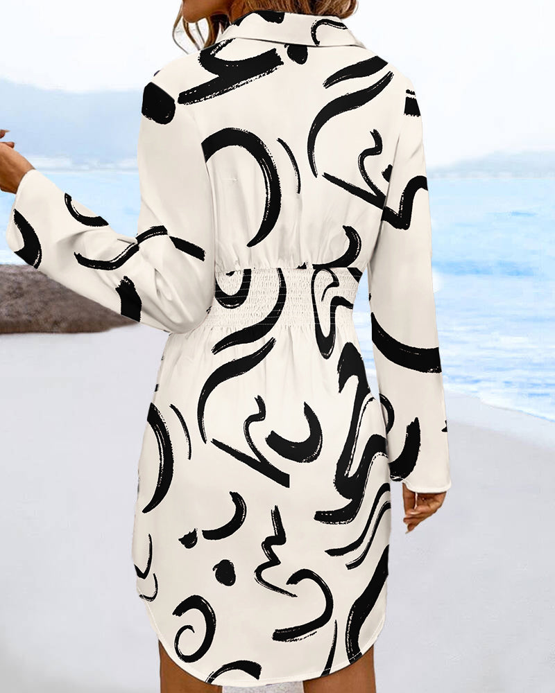 Abstract Print Turn-down Collar Turn-Up Sleeves Shirred Back Dress Casual Button Down Cinched Waist Curved Hem Shirt Dress