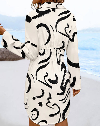 Abstract Print Turn-down Collar Turn-Up Sleeves Shirred Back Dress Casual Button Down Cinched Waist Curved Hem Shirt Dress