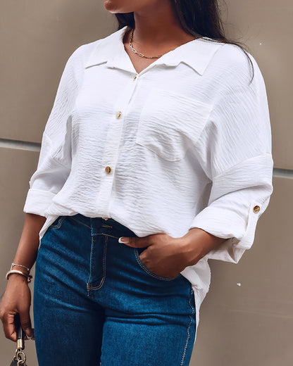 Metal Chain Decor Turn-down Collar Turn-Up Sleeves Front Button Shirt Casual Backless Asymmetrical Hem Top