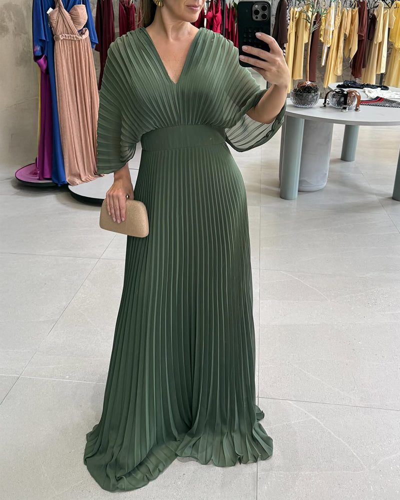 Deep V-Neck Batwing Sleeve High Waist Pleated Maxi Dress Casual Cinched Waist Backless Tied Detail Zipper Back Evening Dress