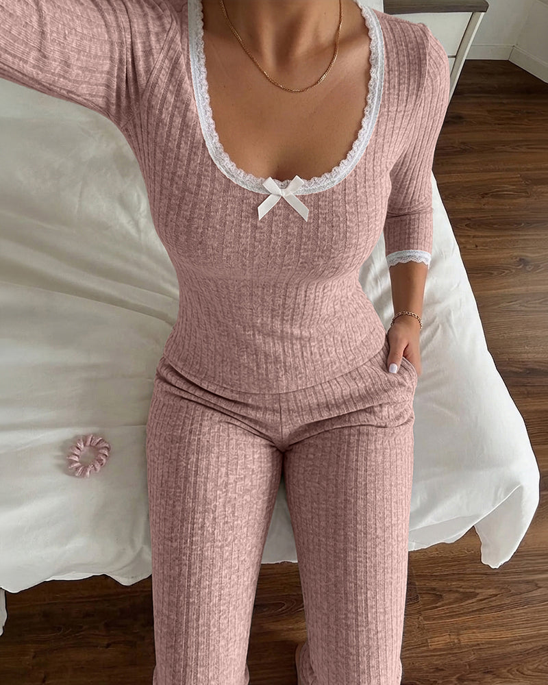 Women's 2 Piece Ribbed Lounge Sets Lace Trim Long Sleeve Top and High Waisted Pants Pajamas Sets with Pockets