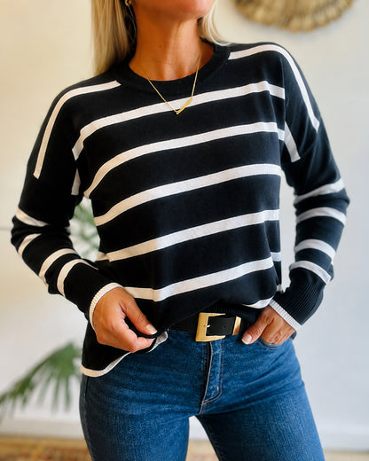 Women's Striped Drop Shoulder Sweater Casual Crewneck Long Sleeve Pullover