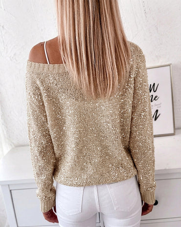 Women's Sequin Knit Sweater Loose Skew Neck Pullover Top Sheer Hollow Out Shimmering Long Sleeve Top