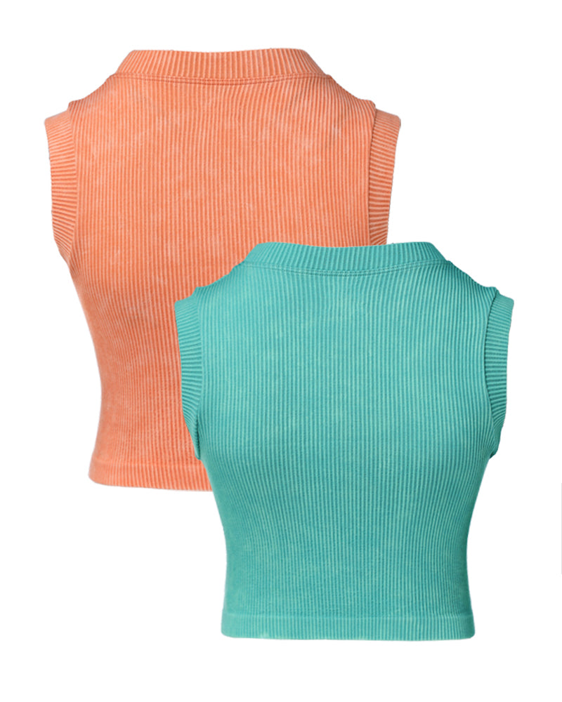 2-Pack Women's Washed Knit Tank Top Ribbed Sleeveless O-neck Cropped Tee Retro Casual Layering Top
