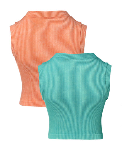 2-Pack Women's Washed Knit Tank Top Ribbed Sleeveless O-neck Cropped Tee Retro Casual Layering Top
