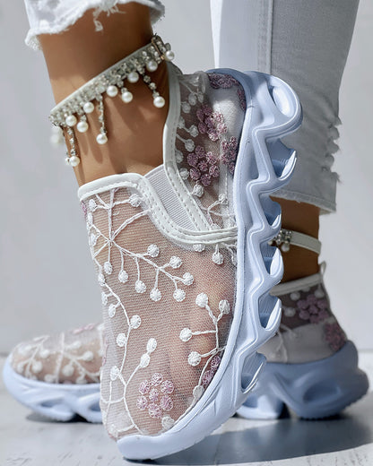Floral Pattern Sheer Mesh Patch Round Toe Sneakers