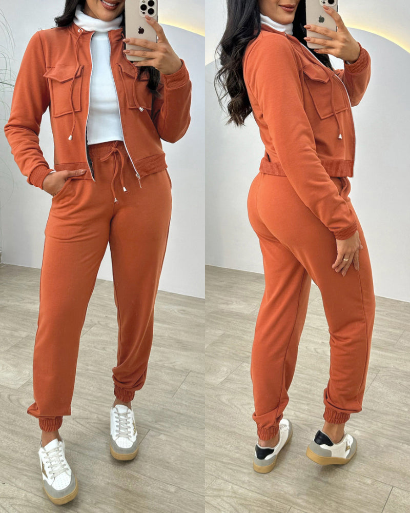 Stand Collar Long Sleeve Pocket Dec Zipper Top Casual Elastic Waist Drawstring Pants Sets