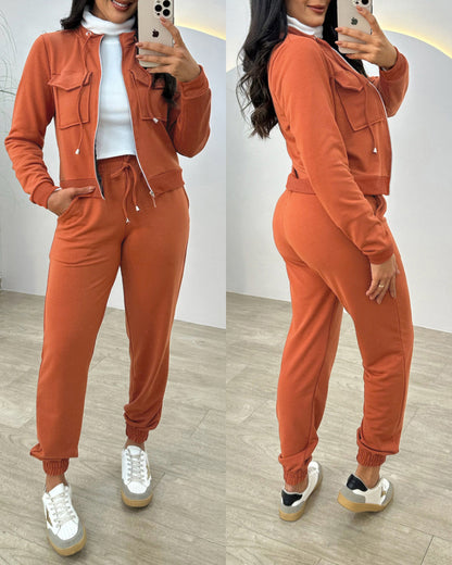 Stand Collar Long Sleeve Pocket Dec Zipper Top and Casual Elastic Waist Drawstring Pants Sets