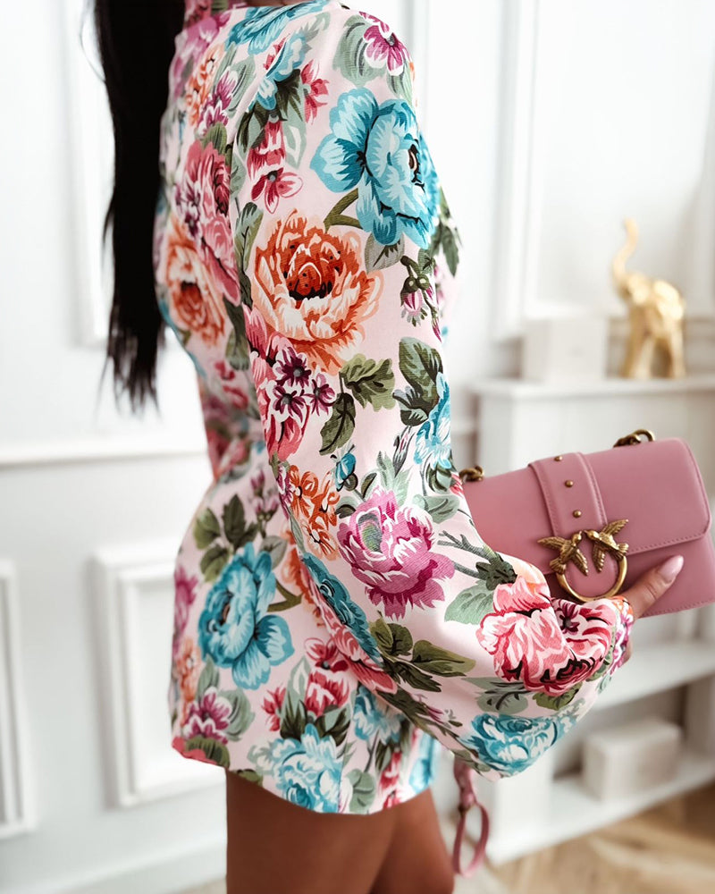 Women's Floral Print Blazer Casual Single Breasted Suit Coat Retro Oil Painting Floral Long Sleeve Coat with Belt
