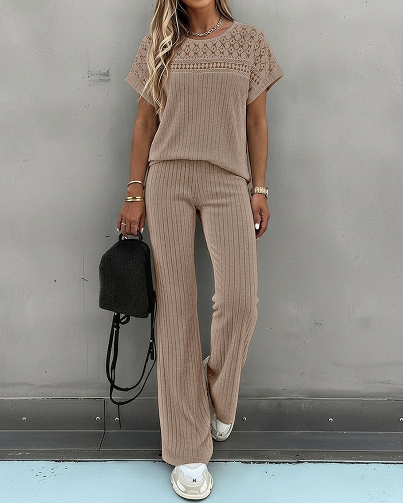 Women's 2 Piece Knit Set Lace Patchwork Short Sleeve Top and Wide Leg Pants Casual Ribbed Brushed Lounge Set