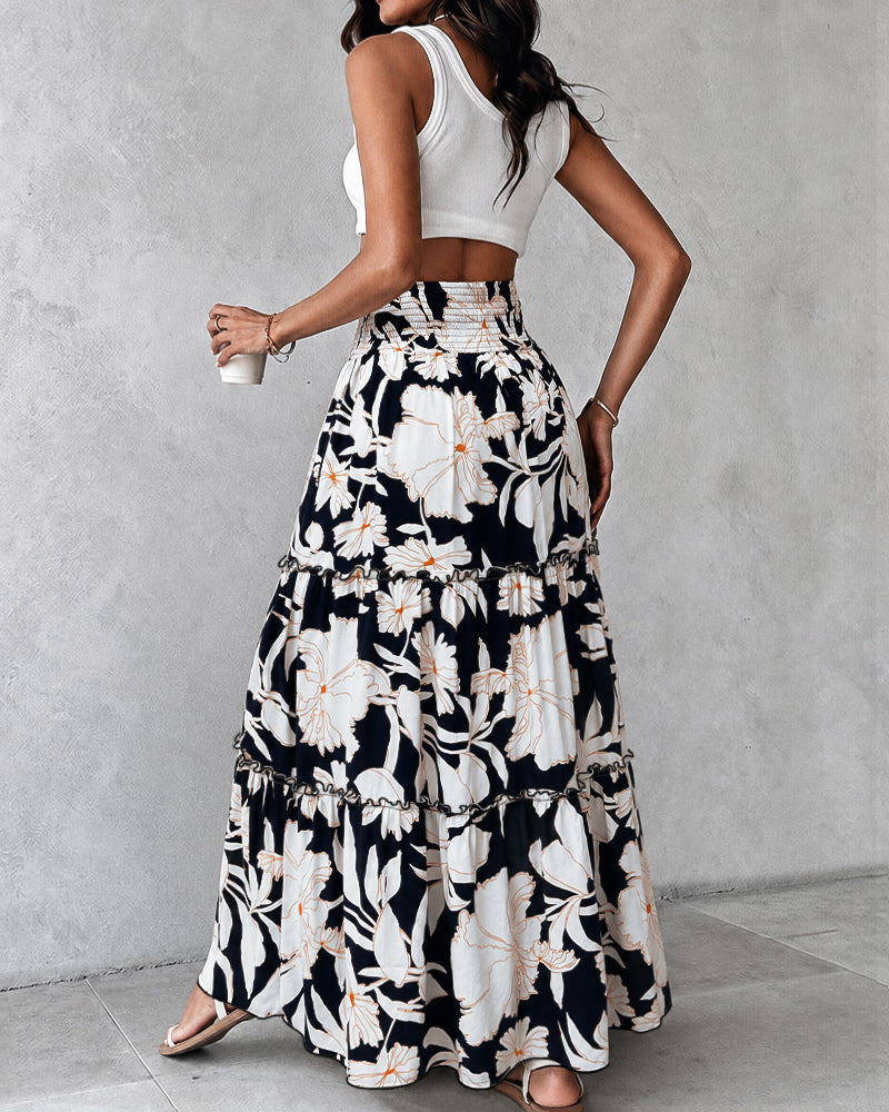 Women's Vintage Floral Shirred High Waisted Maxi Skirt Ruffle A Line Flowy Vacation Skirt with Pockets