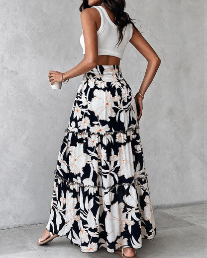 Women's Vintage Floral Shirred High Waisted Maxi Skirt Ruffle A Line Flowy Vacation Skirt with Pockets