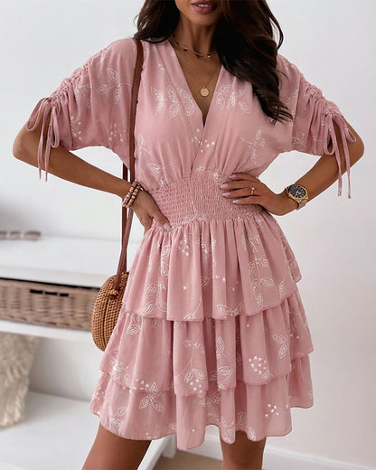 Star & Leaves Print Overlap V Neck Drawstring Short Sleeve Shirred Waist Mini Dress Sweet Cinched Waist Ruffle Hem Dress