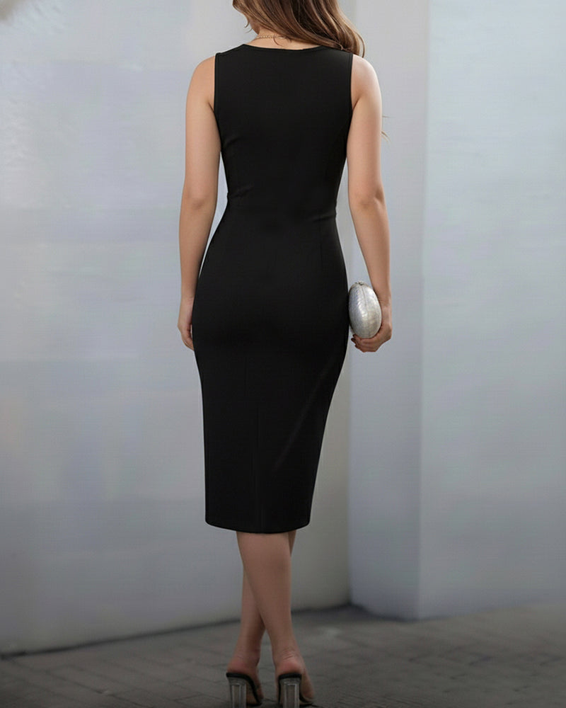 Colorblock O-neck Sleeveless Zipper Front Midi Dress Slim Fit Slit Front Commuting Dress
