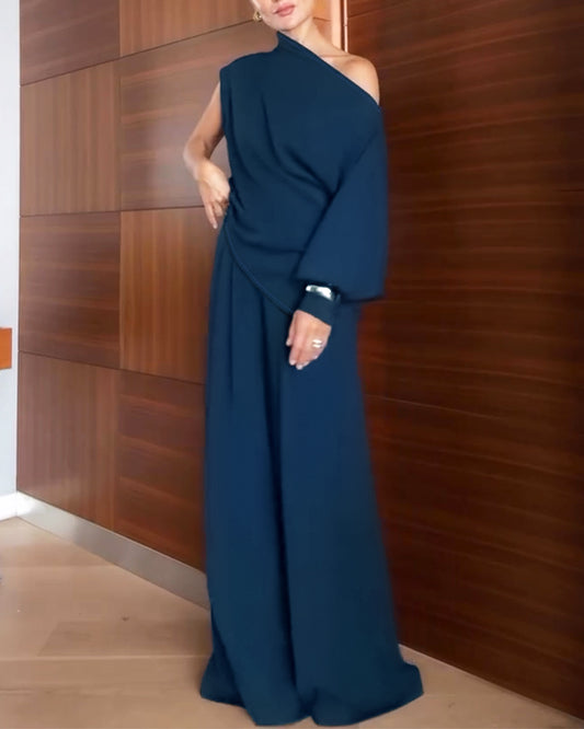 2 Pieces Outfit Skew Neck Asymmetrical Lantern Sleeve Side Slit Top and Casual Button & Zipper Side Pleated Wide Leg Pants Set