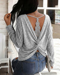 Women's Long Sleeve Knit Top Backless Twist Lace Panel Casual Tee