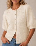 Women's Boucle Knit Cardigan Gold Beaded Puff Sleeve Sweater Crewneck Button Up Elegant Crop Outerwear
