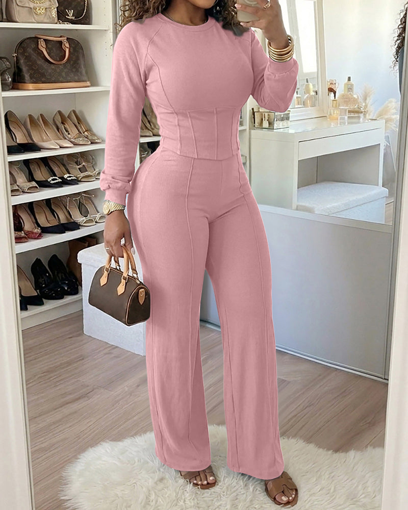2 Pieces Outfit O-neck Long Sleeve Cinched Waist Sweatshirt and Elastic Waist Wide Leg Pants Set Casual Seam Design Sweatpants Set