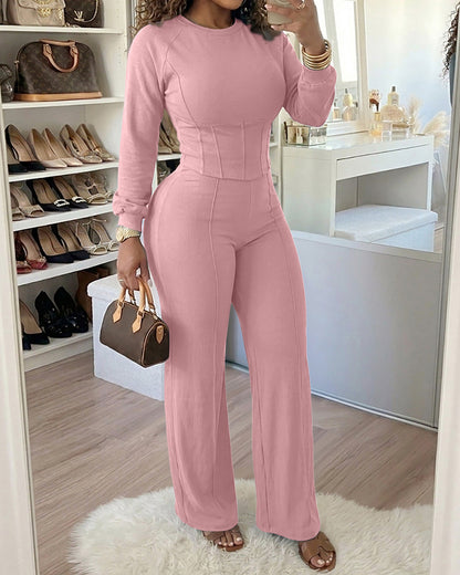 2 Pieces Outfit O-neck Long Sleeve Cinched Waist Sweatshirt and Elastic Waist Wide Leg Pants Set Casual Seam Design Sweatpants Set